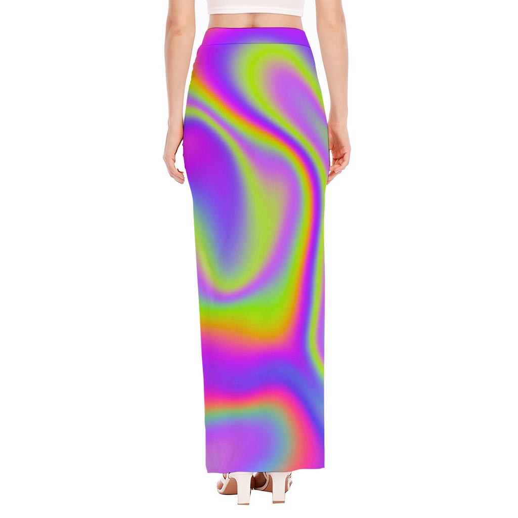 Abstract Holographic Trippy Print High Slit Maxi Skirt