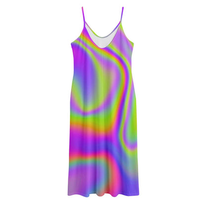 Abstract Holographic Trippy Print Jersey Midi Cami Dress