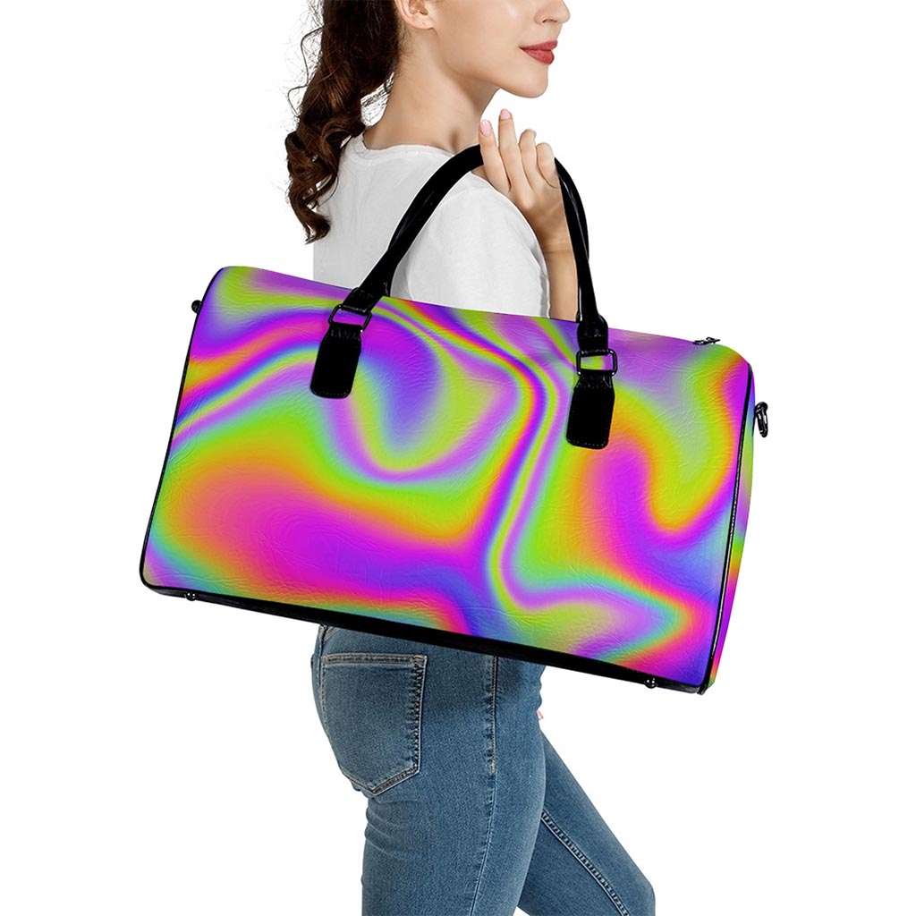 Abstract Holographic Trippy Print Leather Duffle Bag