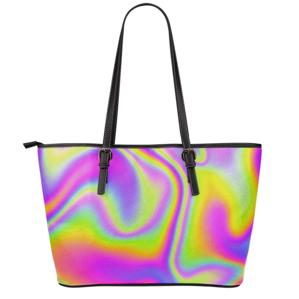 Abstract Holographic Trippy Print Leather Tote Bag