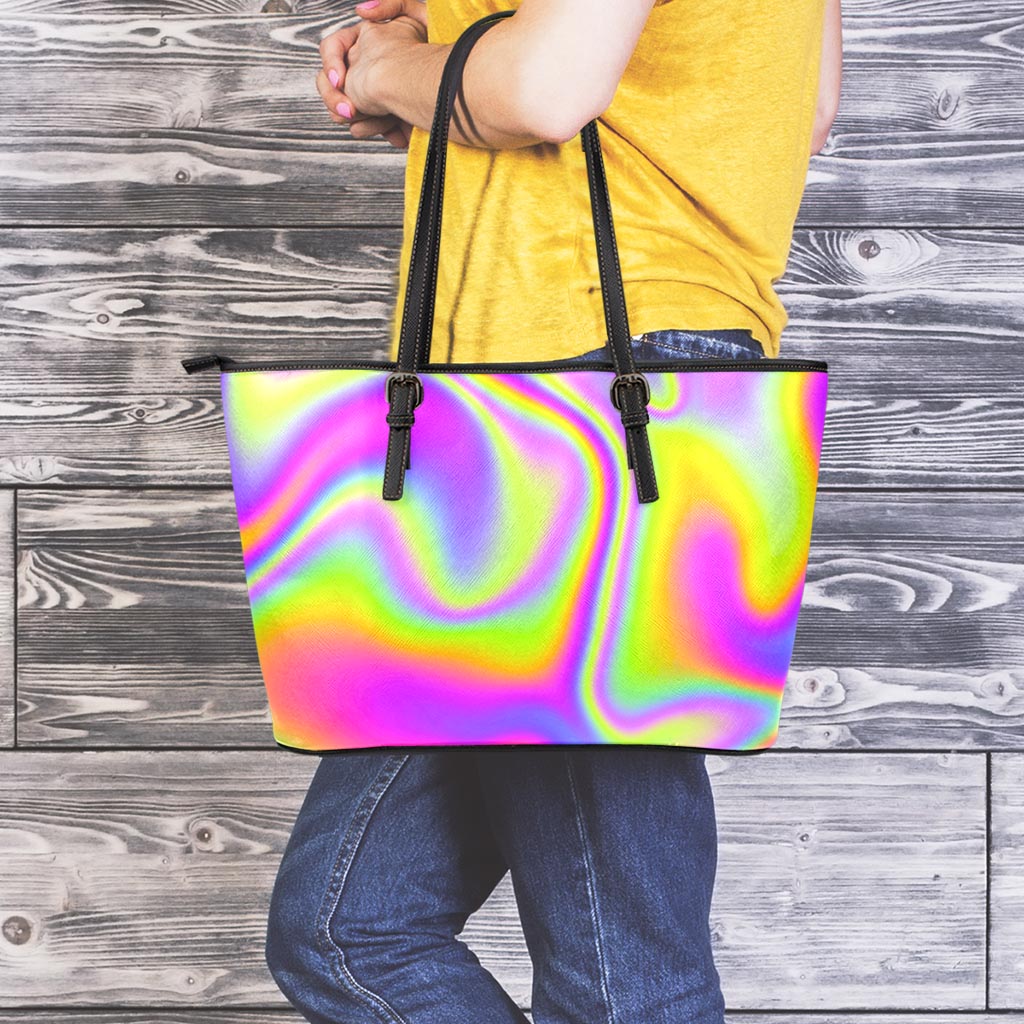 Abstract Holographic Trippy Print Leather Tote Bag