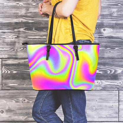 Abstract Holographic Trippy Print Leather Tote Bag