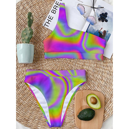 Abstract Holographic Trippy Print One Shoulder Bikini Top