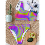 Abstract Holographic Trippy Print One Shoulder Bikini Top