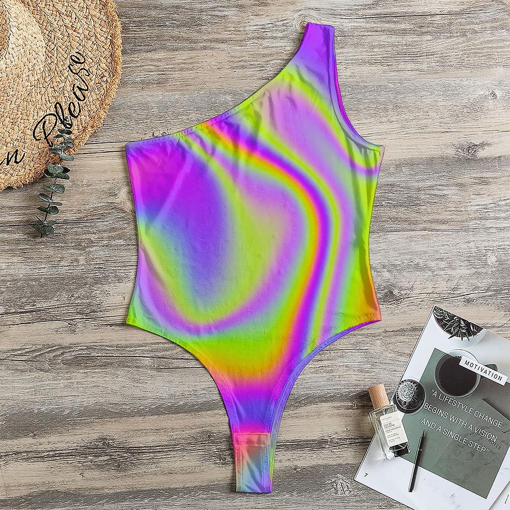 Abstract Holographic Trippy Print One Shoulder Bodysuit