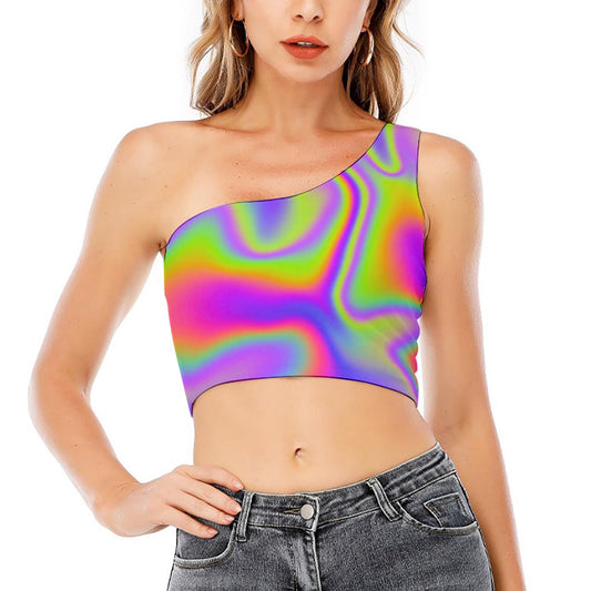 Abstract Holographic Trippy Print One Shoulder Crop Top