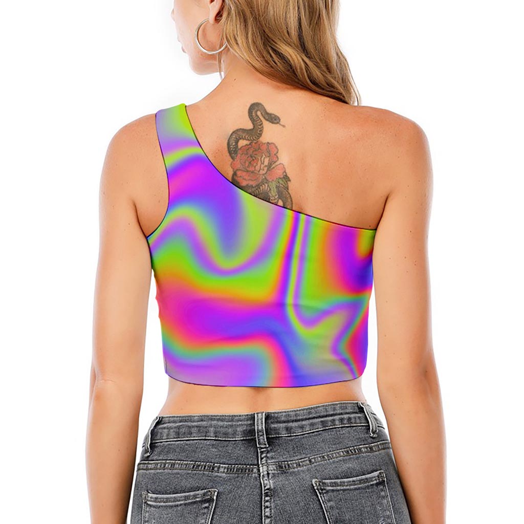 Abstract Holographic Trippy Print One Shoulder Crop Top