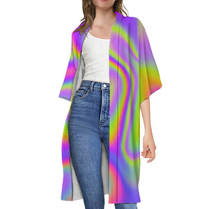 Abstract Holographic Trippy Print Open Front Beach Cover Up