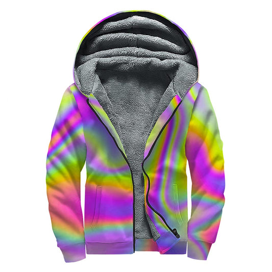 Abstract Holographic Trippy Print Sherpa Lined Zip Up Hoodie