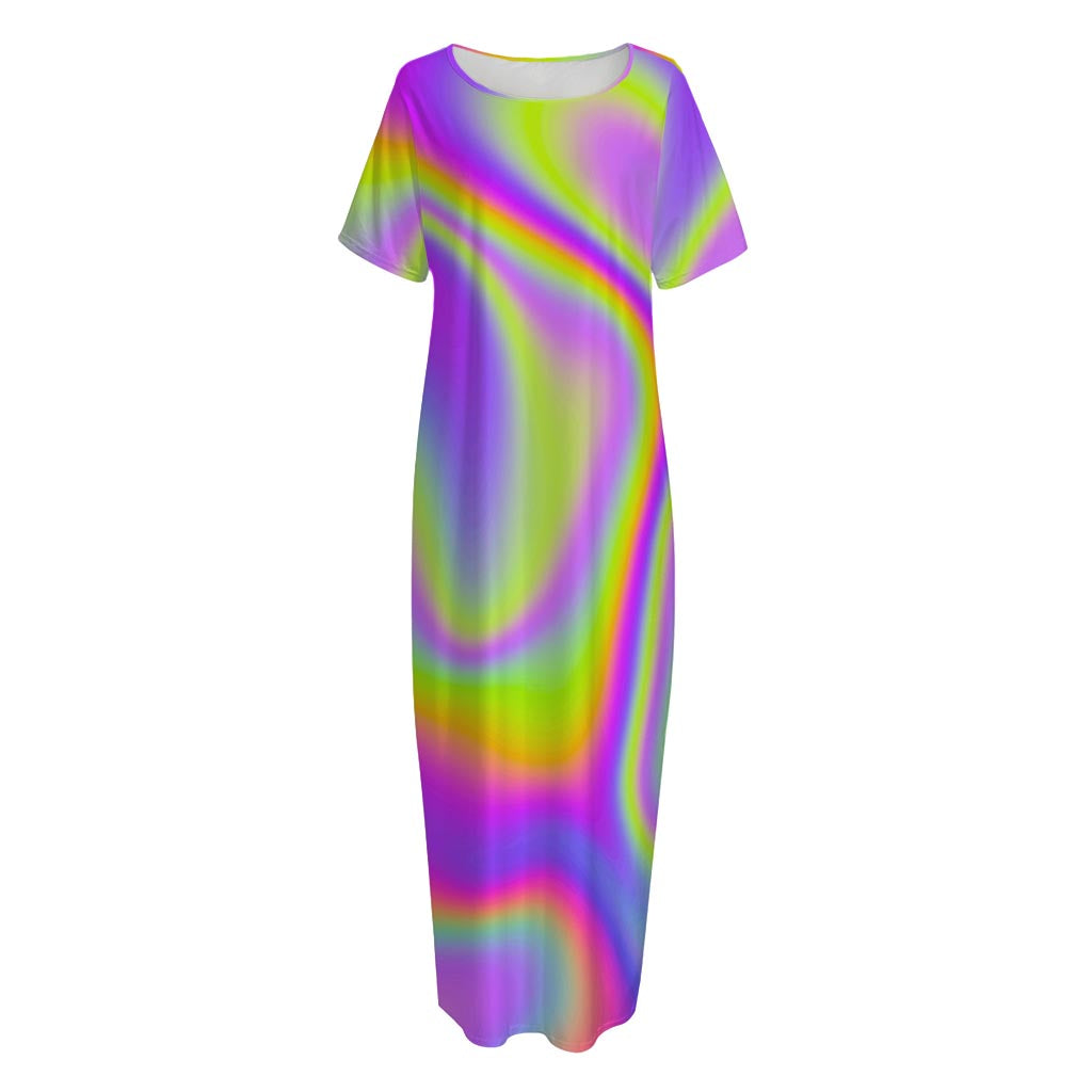 Abstract Holographic Trippy Print Short Sleeve Long Nightdress