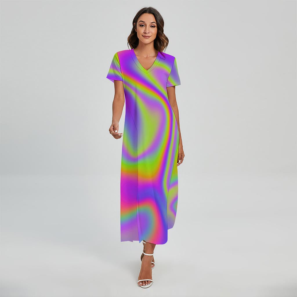 Abstract Holographic Trippy Print Short Sleeve Maxi Dress
