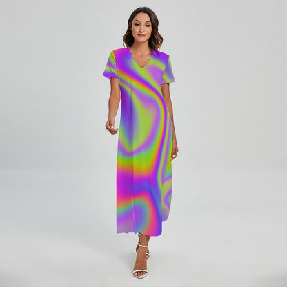 Abstract Holographic Trippy Print Short Sleeve Maxi Dress