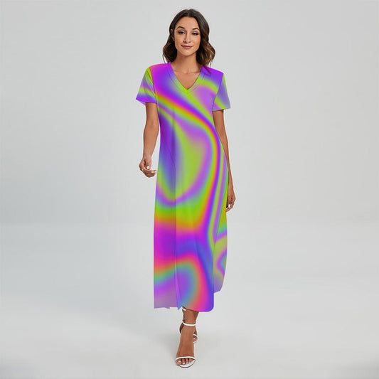 Abstract Holographic Trippy Print Short Sleeve Maxi Dress