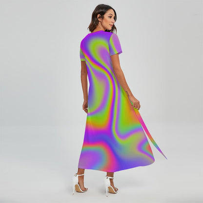 Abstract Holographic Trippy Print Short Sleeve Maxi Dress