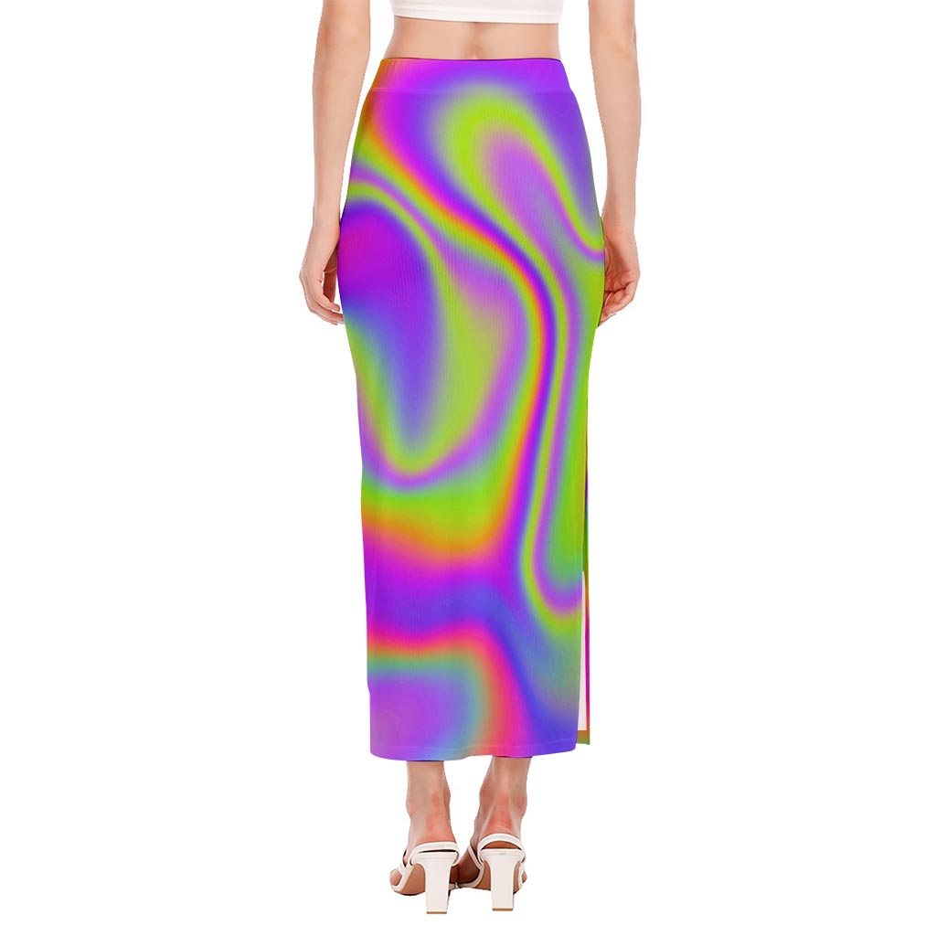 Abstract Holographic Trippy Print Side Slit Maxi Skirt