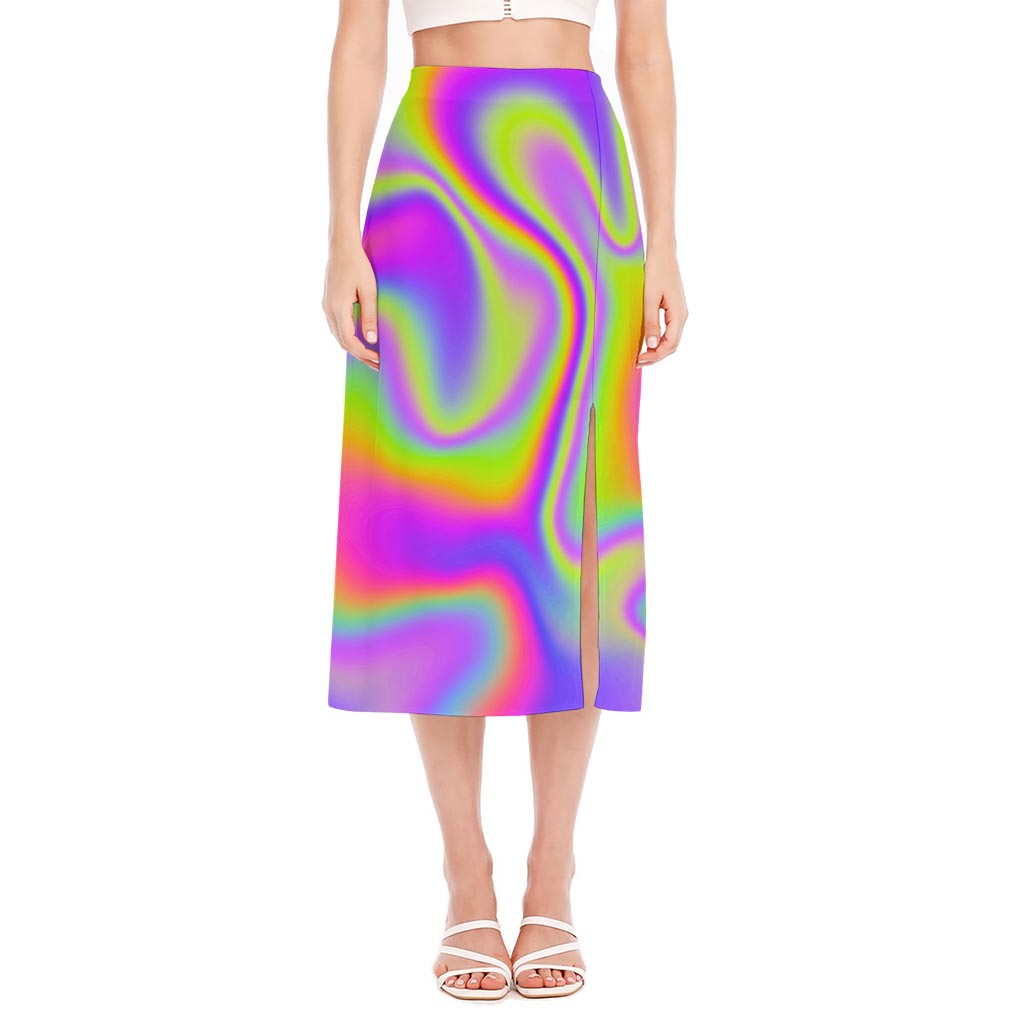 Abstract Holographic Trippy Print Side Slit Midi Skirt