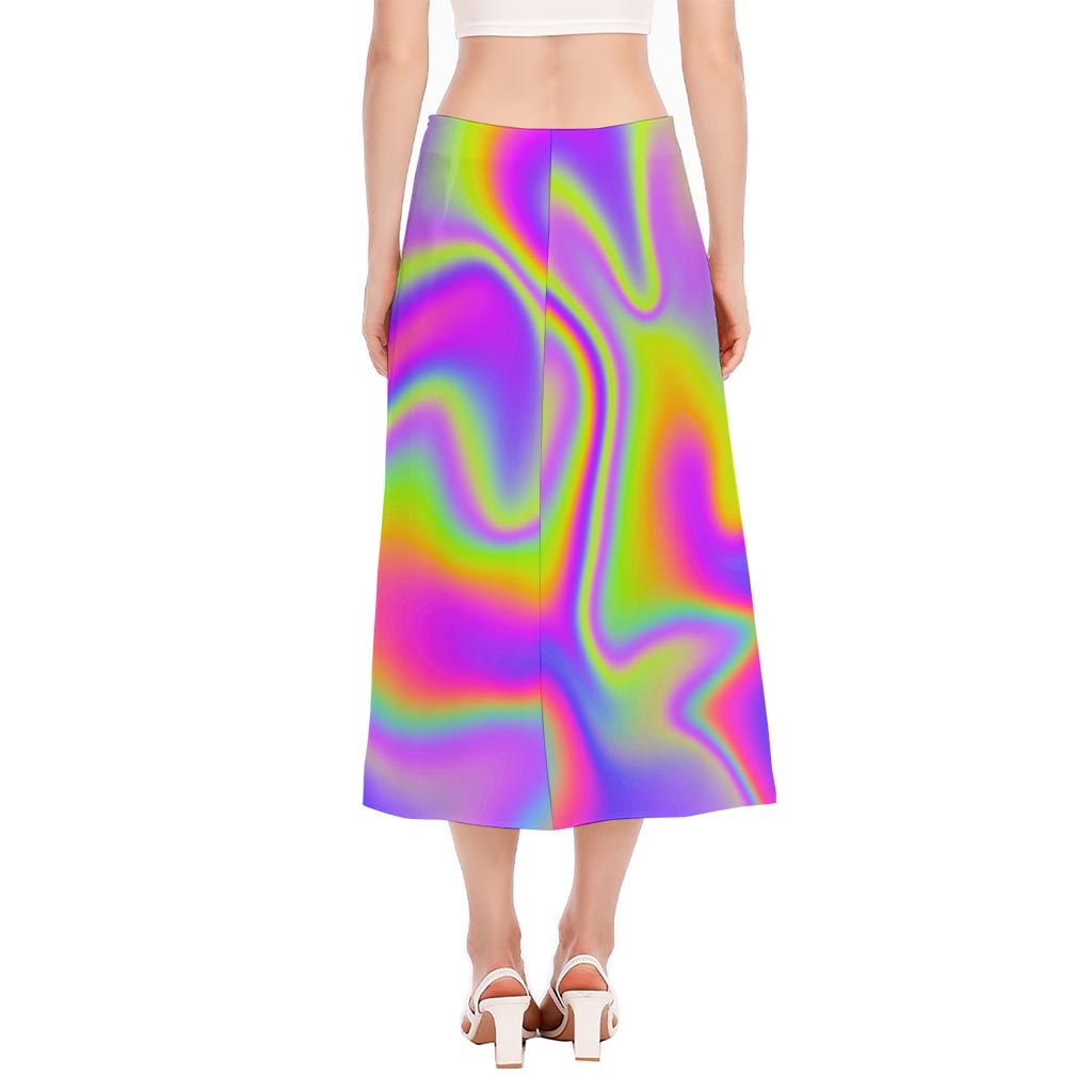 Abstract Holographic Trippy Print Side Slit Midi Skirt