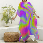 Abstract Holographic Trippy Print Silk V-Neck Kaftan Dress