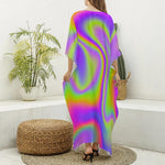 Abstract Holographic Trippy Print Silk V-Neck Kaftan Dress