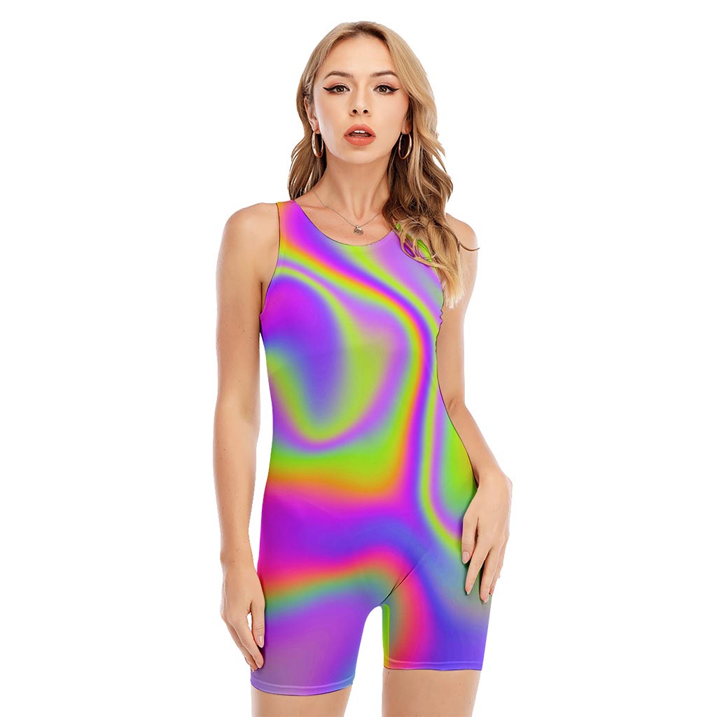 Abstract Holographic Trippy Print Sleeveless One Piece Swimsuit