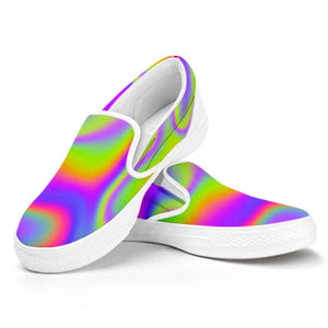 Abstract Holographic Trippy Print White Slip On Sneakers