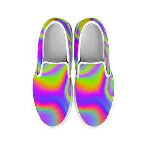 Abstract Holographic Trippy Print White Slip On Sneakers