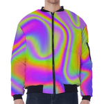 Abstract Holographic Trippy Print Zip Sleeve Bomber Jacket