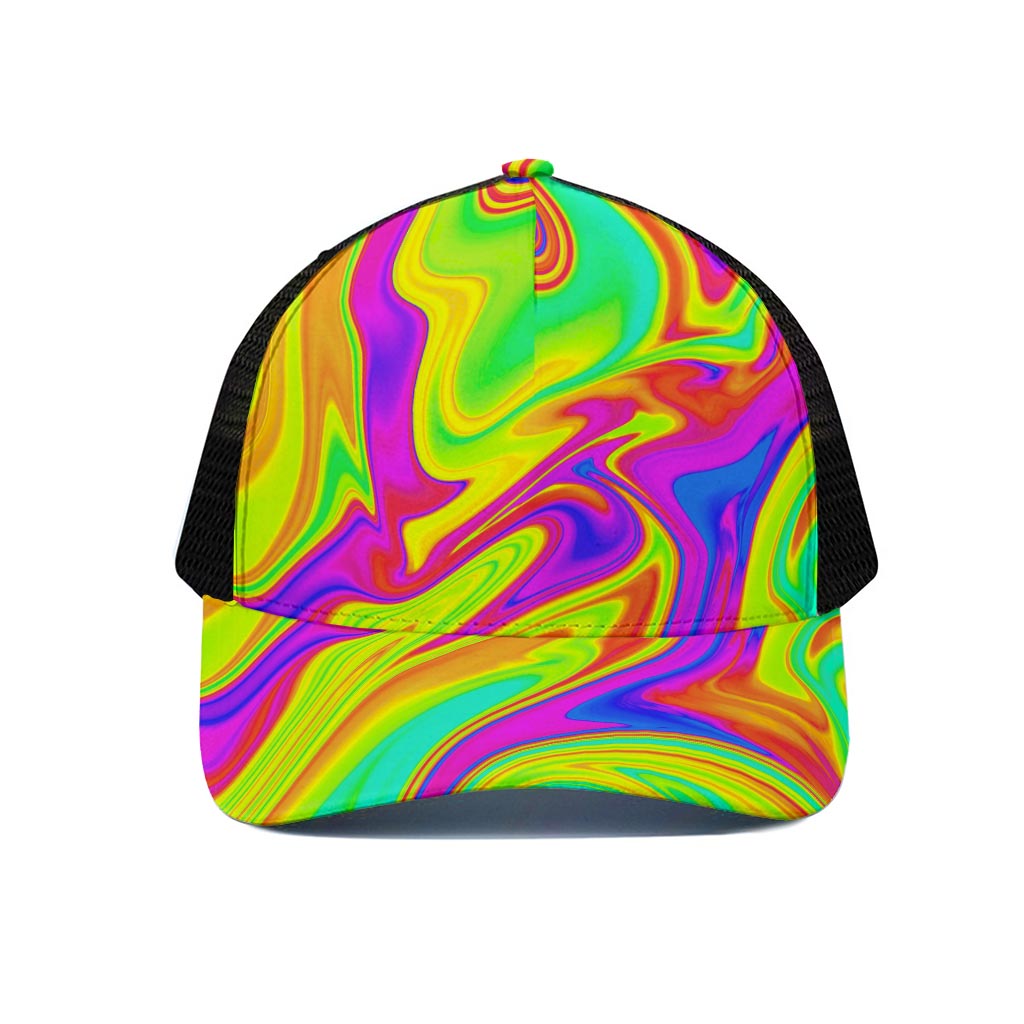 Abstract Liquid Trippy Print Black Mesh Trucker Cap