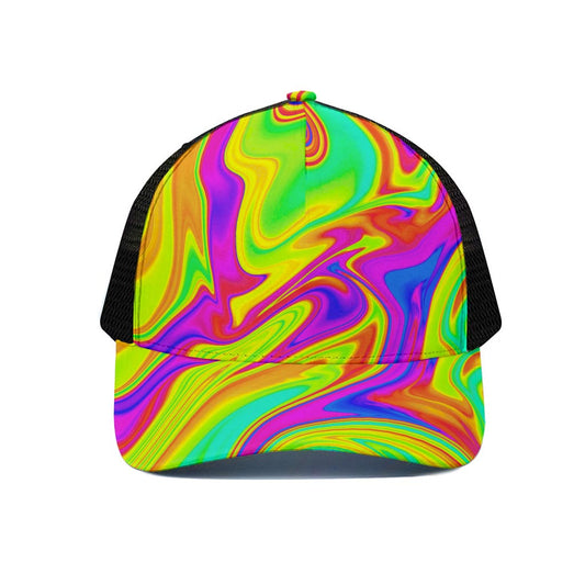Abstract Liquid Trippy Print Black Mesh Trucker Cap