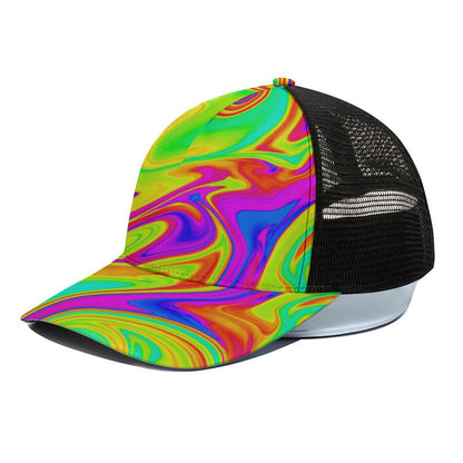 Abstract Liquid Trippy Print Black Mesh Trucker Cap