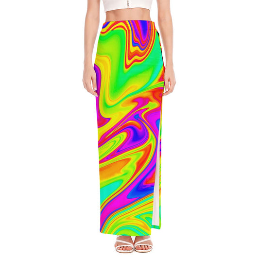 Abstract Liquid Trippy Print High Slit Maxi Skirt