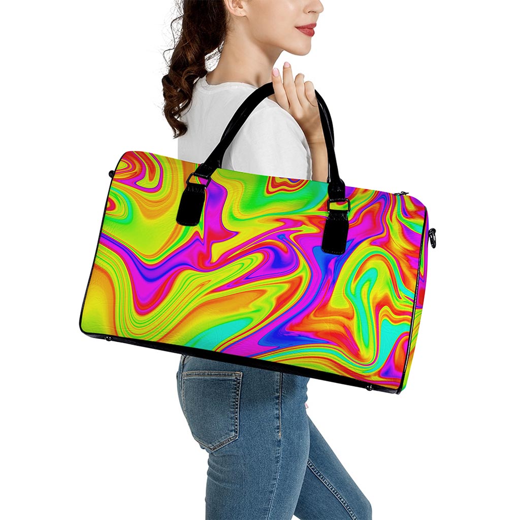 Abstract Liquid Trippy Print Leather Duffle Bag