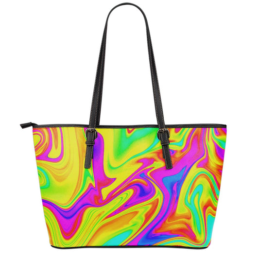 Abstract Liquid Trippy Print Leather Tote Bag