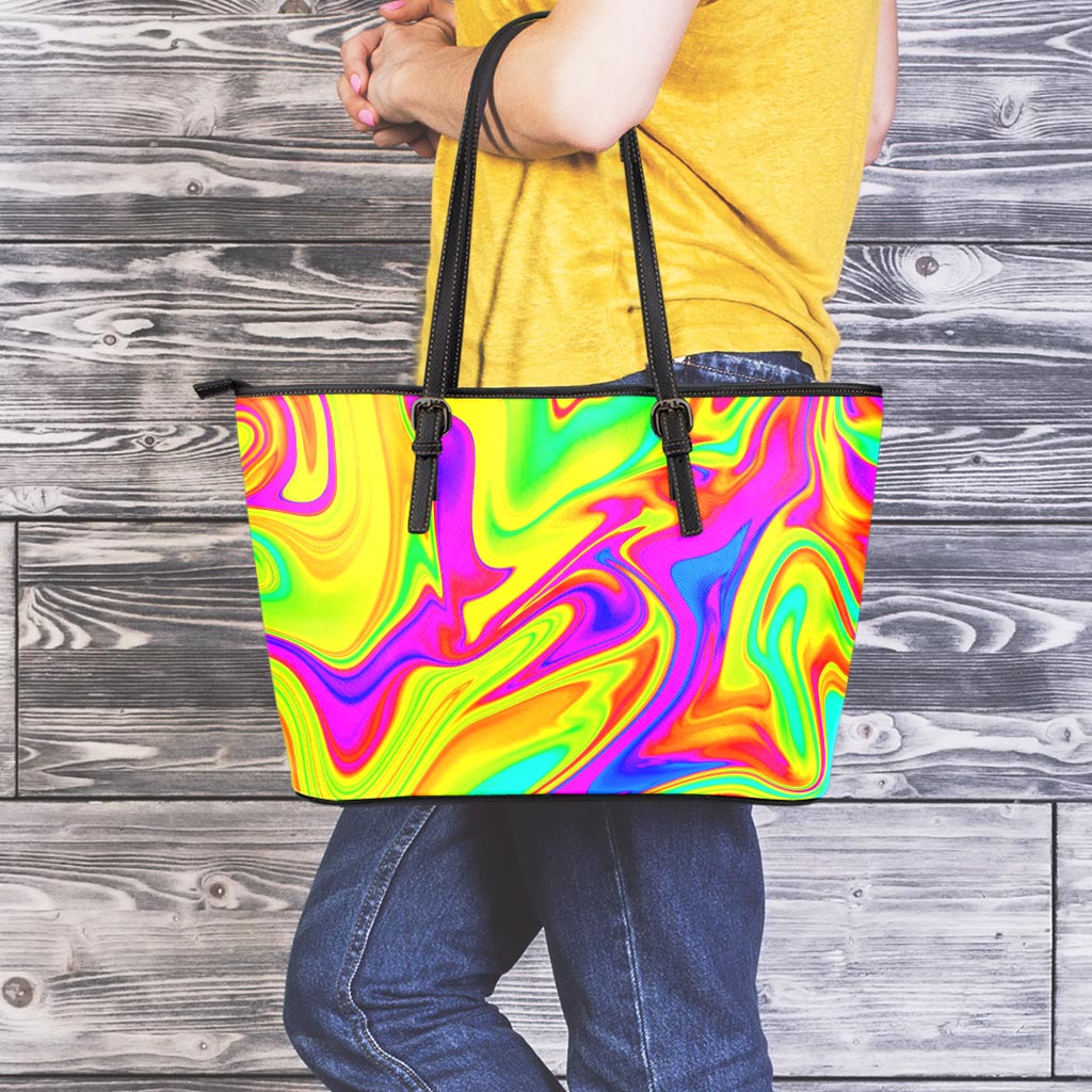 Abstract Liquid Trippy Print Leather Tote Bag
