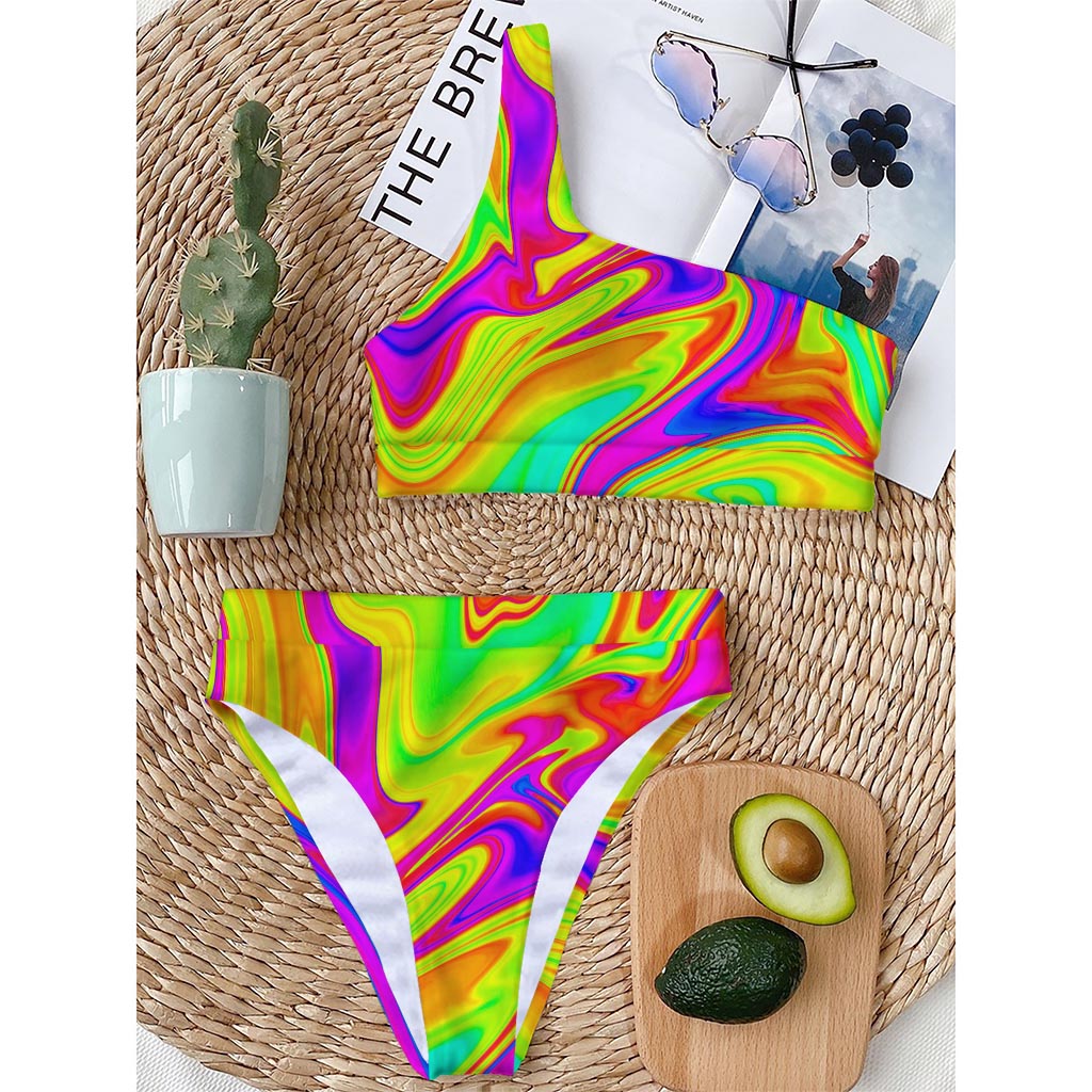 Abstract Liquid Trippy Print One Shoulder Bikini Top