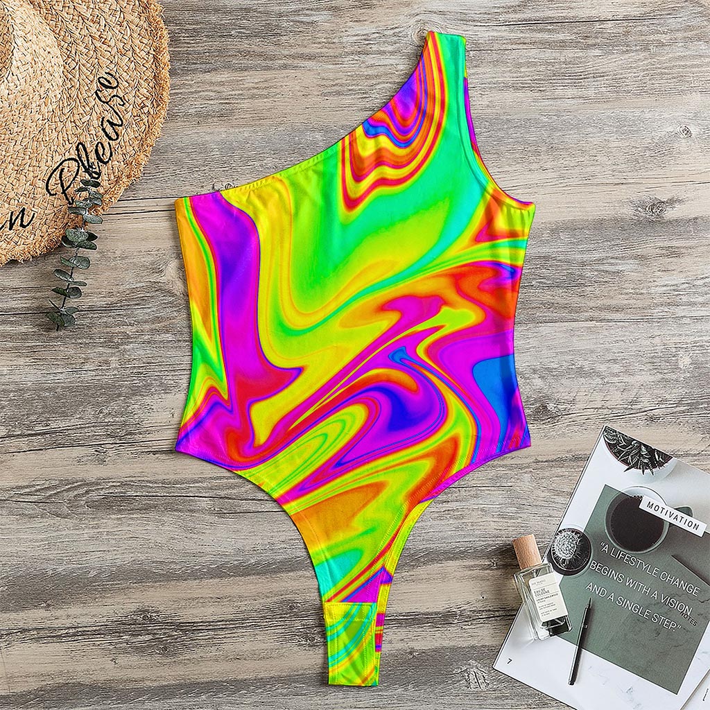 Abstract Liquid Trippy Print One Shoulder Bodysuit