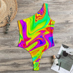 Abstract Liquid Trippy Print One Shoulder Bodysuit