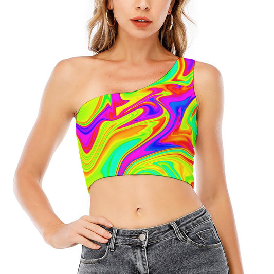 Abstract Liquid Trippy Print One Shoulder Crop Top