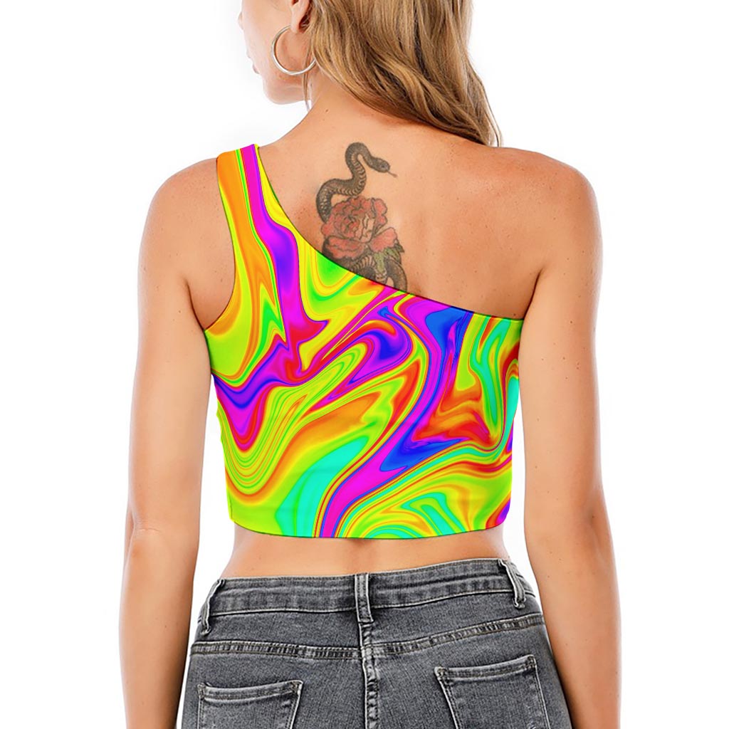 Abstract Liquid Trippy Print One Shoulder Crop Top