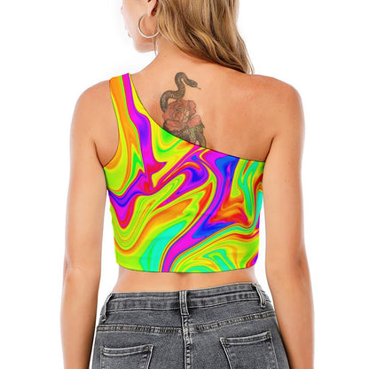 Abstract Liquid Trippy Print One Shoulder Crop Top