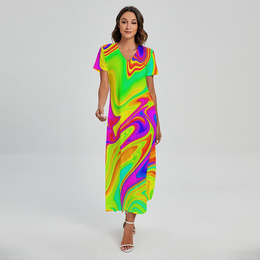 Abstract Liquid Trippy Print Short Sleeve Maxi Dress
