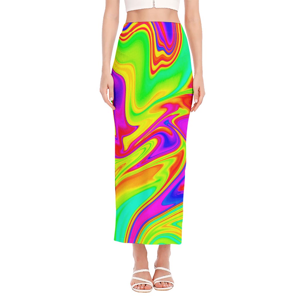 Abstract Liquid Trippy Print Side Slit Maxi Skirt