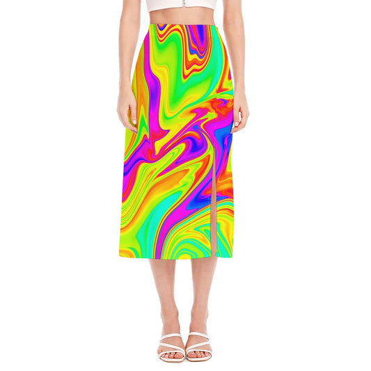 Abstract Liquid Trippy Print Side Slit Midi Skirt