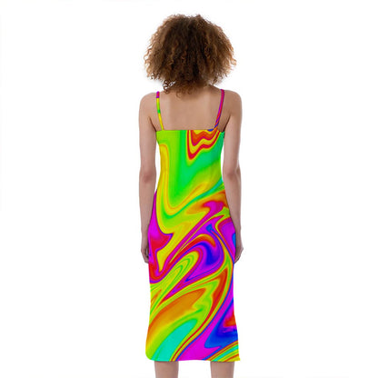 Abstract Liquid Trippy Print Slim Fit Midi Cami Dress