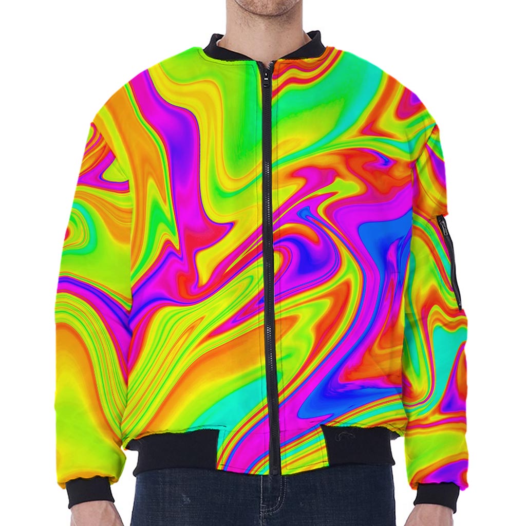 Abstract Liquid Trippy Print Zip Sleeve Bomber Jacket