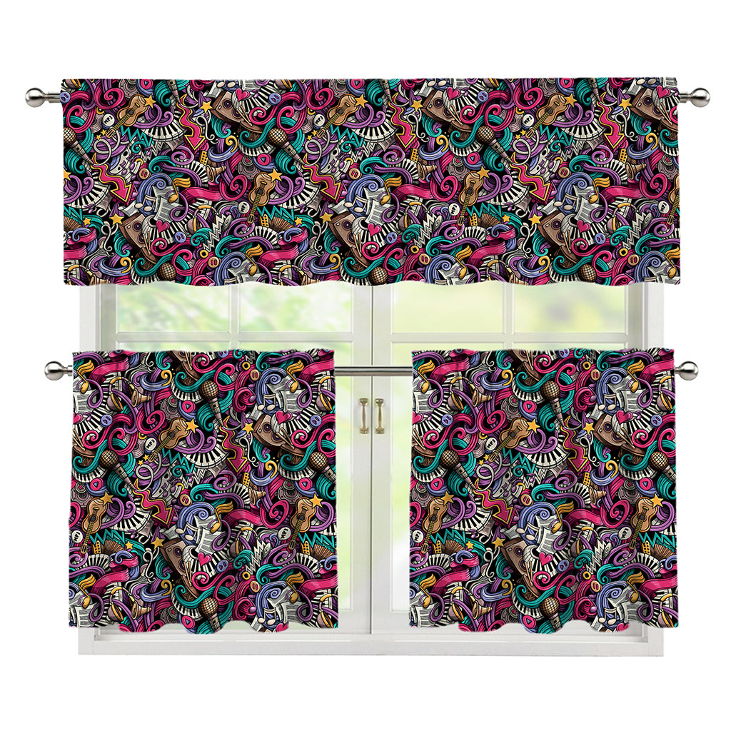 Abstract Music Pattern Print 3 Piece Kitchen Curtains