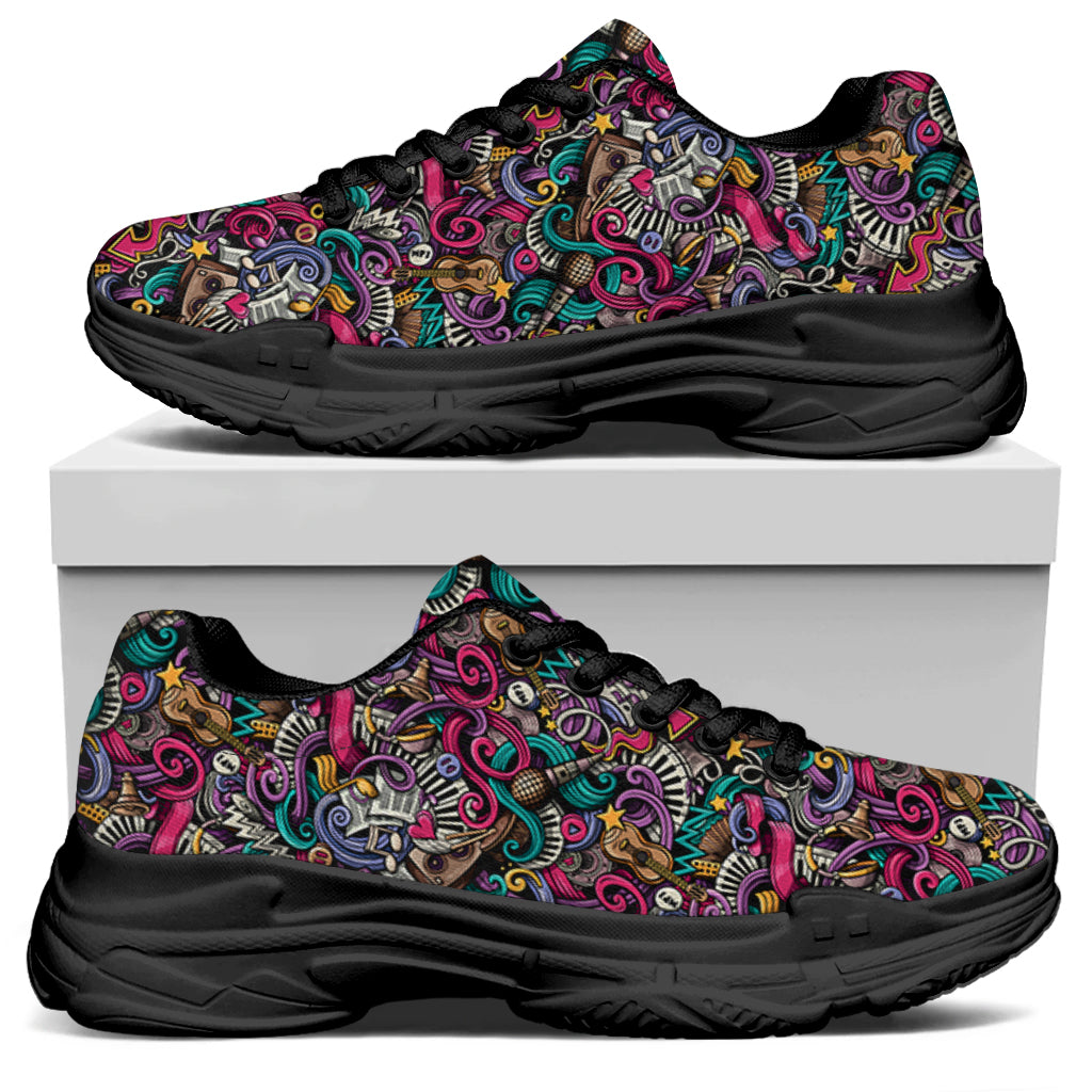 Abstract Music Pattern Print Black Chunky Shoes