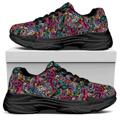 Abstract Music Pattern Print Black Chunky Shoes