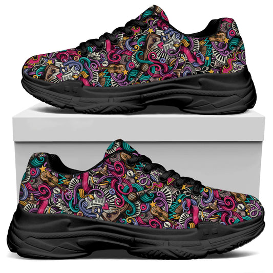 Abstract Music Pattern Print Black Chunky Shoes