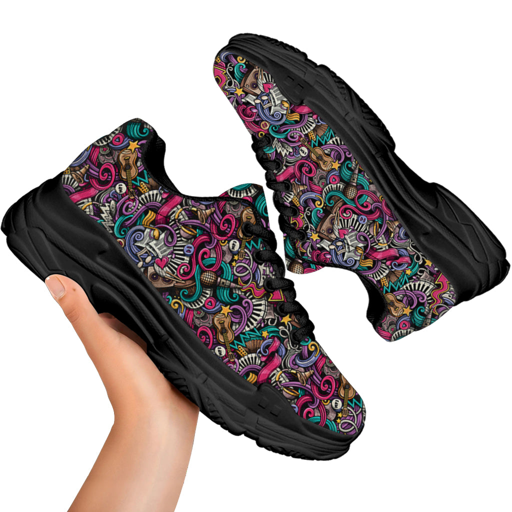Abstract Music Pattern Print Black Chunky Shoes
